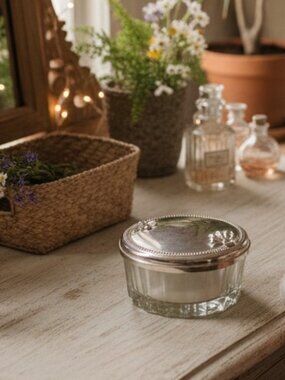 Vintage Vanity Glass Powder Box Powder Puff‎ with Silver Plated Lid